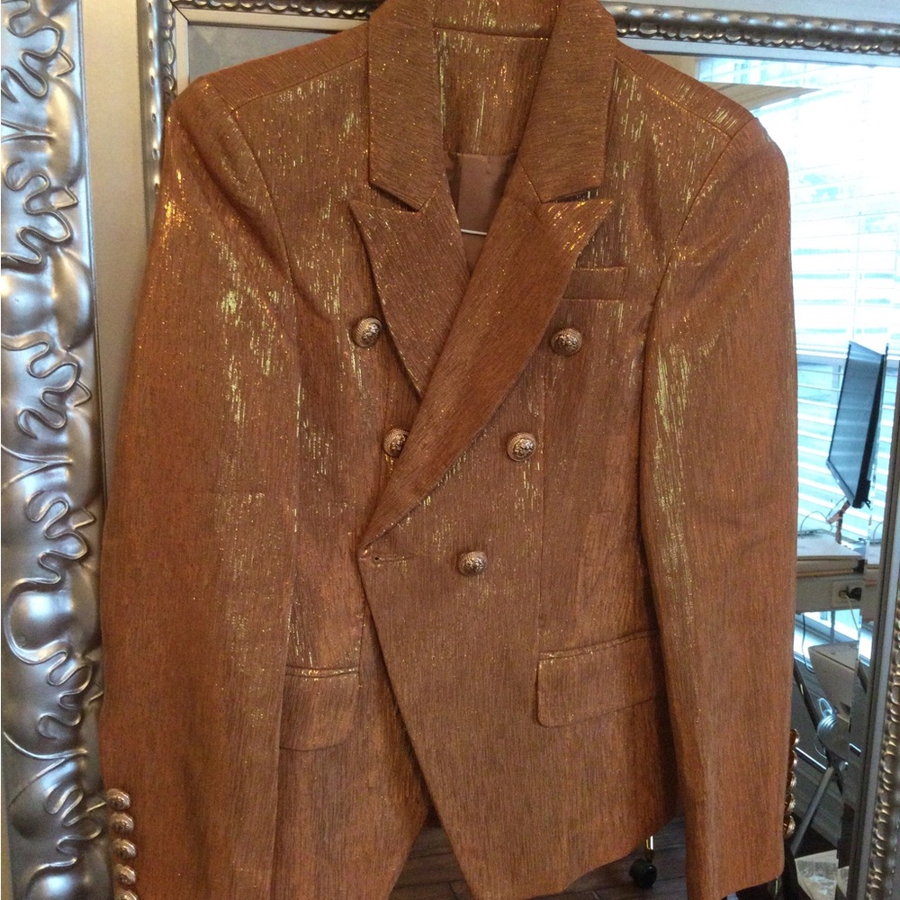 Womens, blazer, gold lion buttons